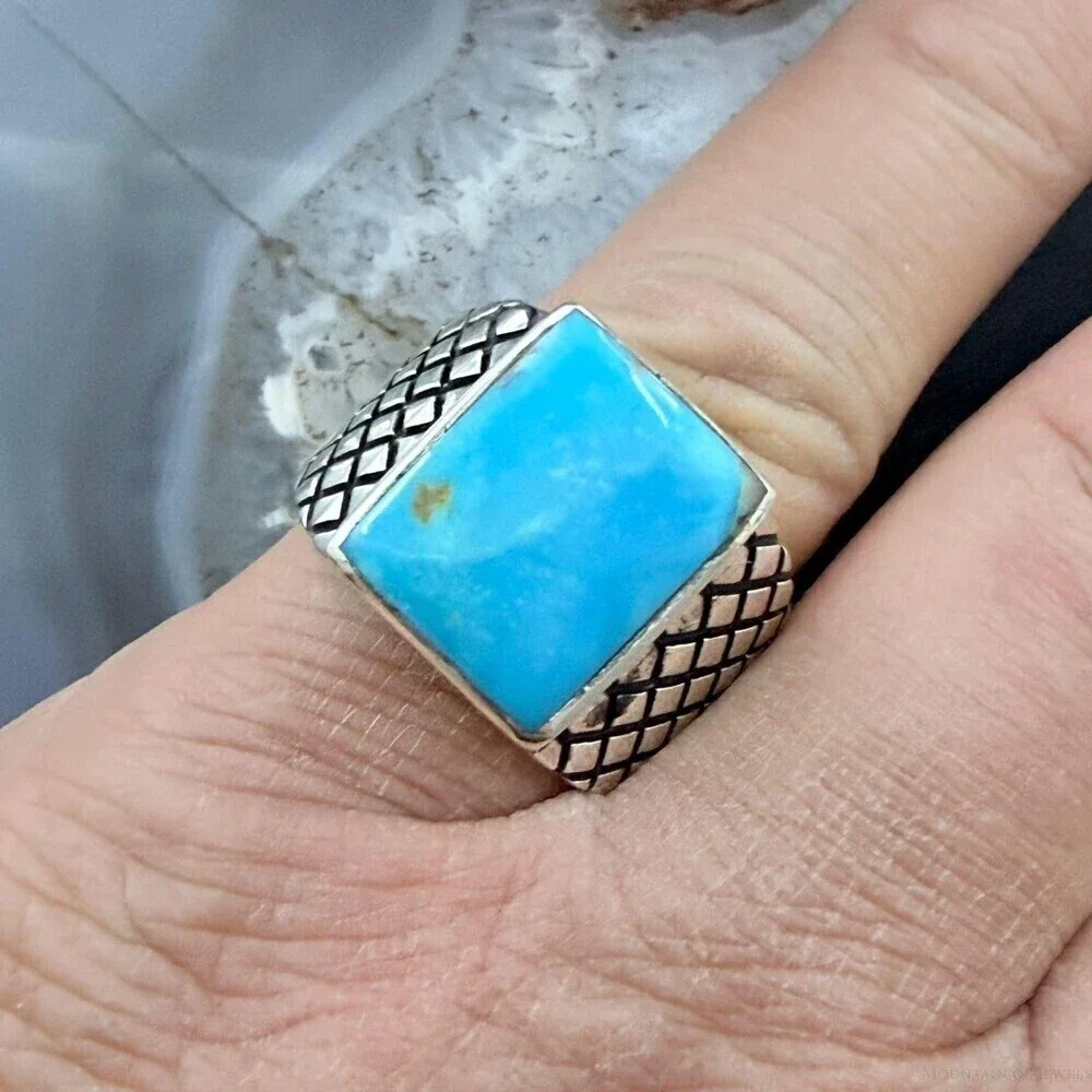 Native American Sterling Rectangle Kingman Turquoise Decorated Ring S 10 For Men